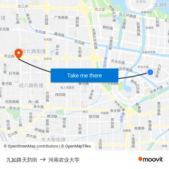 九如路天韵街 to 河南农业大学 map