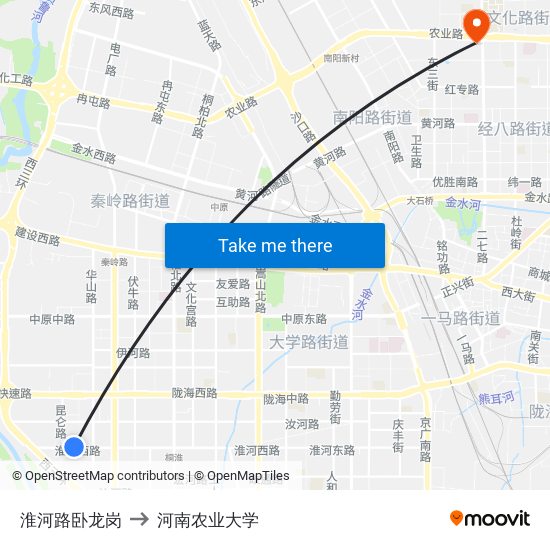 淮河路卧龙岗 to 河南农业大学 map