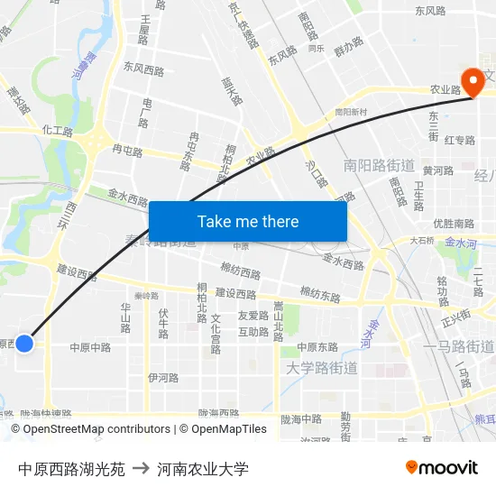 中原西路湖光苑 to 河南农业大学 map