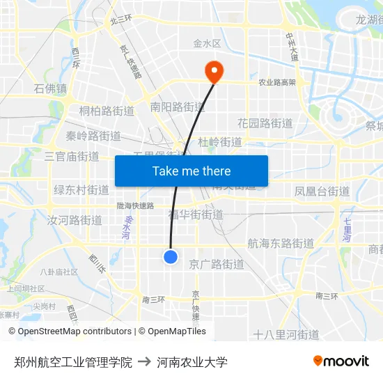 郑州航空工业管理学院 to 河南农业大学 map