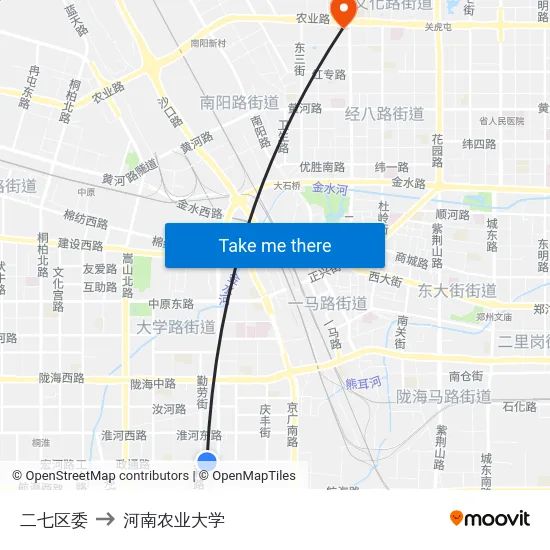 二七区委 to 河南农业大学 map