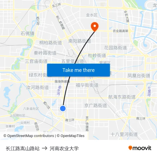 长江路嵩山路站 to 河南农业大学 map