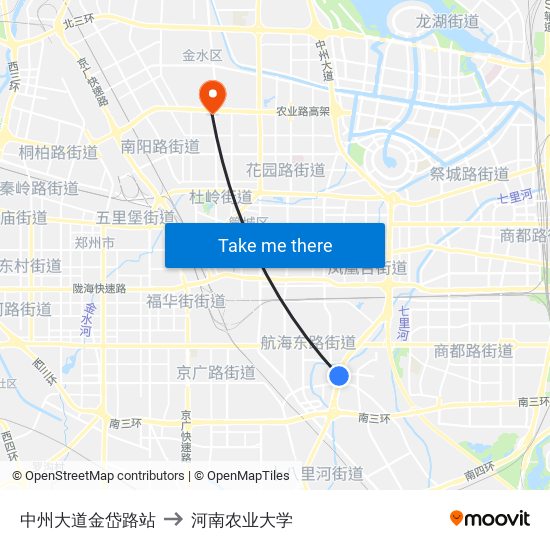 中州大道金岱路站 to 河南农业大学 map