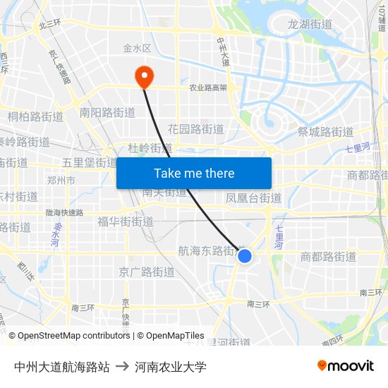 中州大道航海路站 to 河南农业大学 map