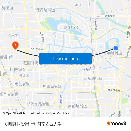 明理路尚贤街 to 河南农业大学 map