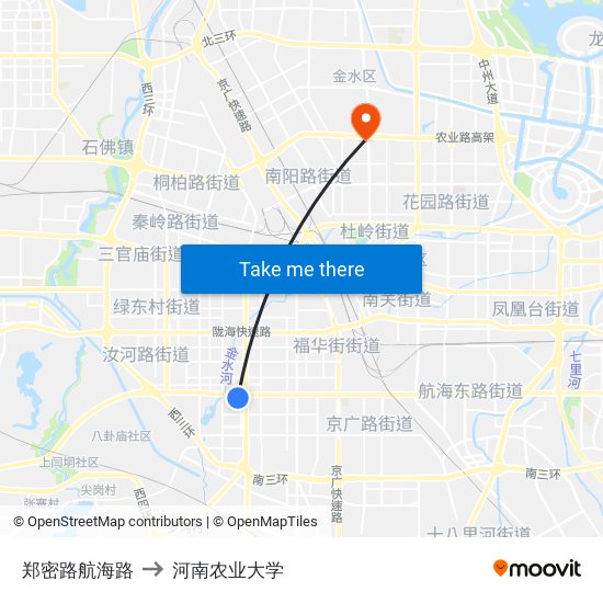 郑密路航海路 to 河南农业大学 map