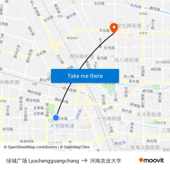 绿城广场 Lyuchengguangchang to 河南农业大学 map