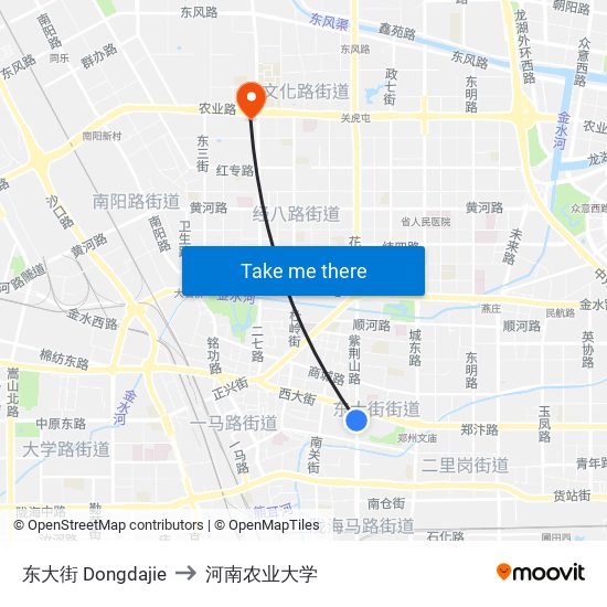 东大街 Dongdajie to 河南农业大学 map