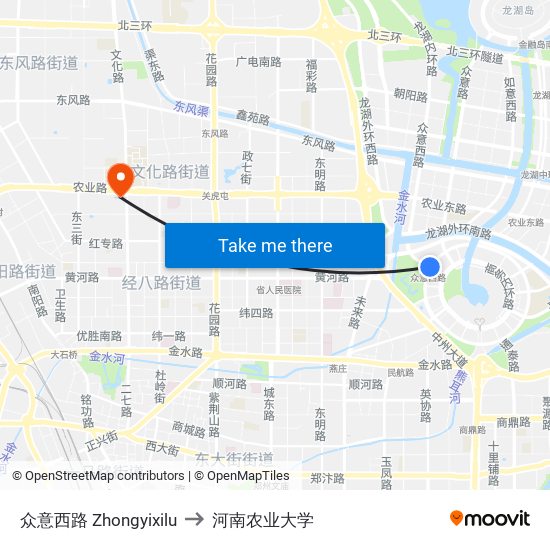 众意西路 Zhongyixilu to 河南农业大学 map