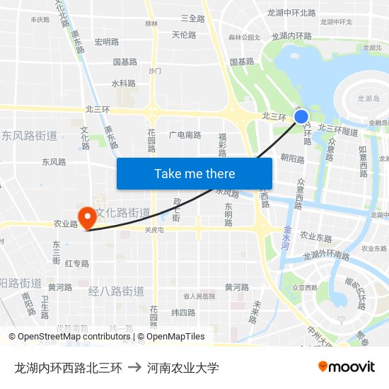 龙湖内环西路北三环 to 河南农业大学 map