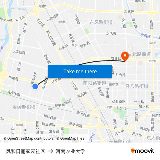 风和日丽家园社区 to 河南农业大学 map