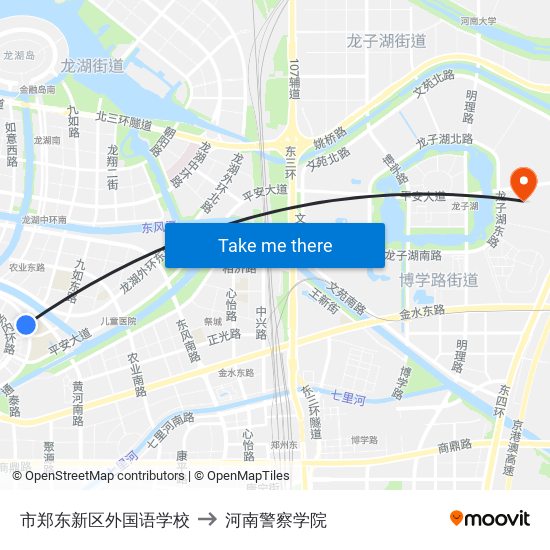 市郑东新区外国语学校 to 河南警察学院 map