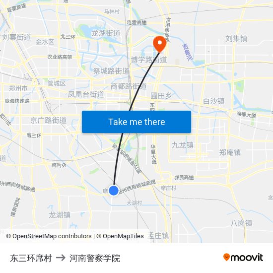 东三环席村 to 河南警察学院 map