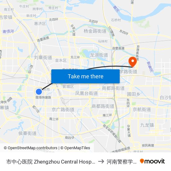 市中心医院 Zhengzhou Central Hospital to 河南警察学院 map