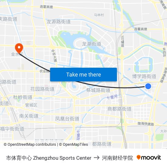 市体育中心 Zhengzhou Sports Center to 河南财经学院 map