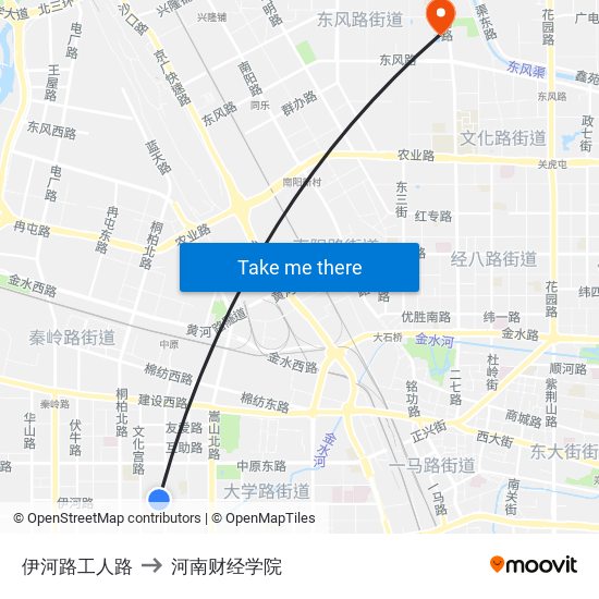 伊河路工人路 to 河南财经学院 map