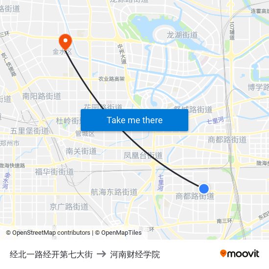 经北一路经开第七大街 to 河南财经学院 map