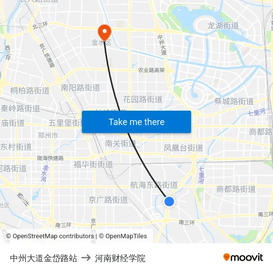 中州大道金岱路站 to 河南财经学院 map