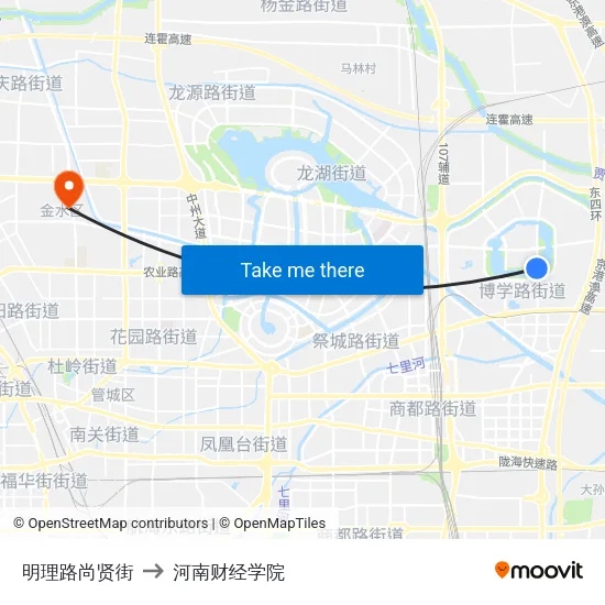 明理路尚贤街 to 河南财经学院 map
