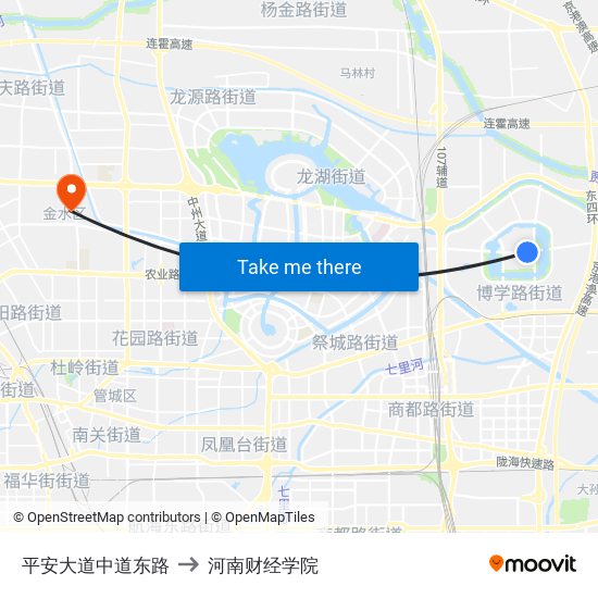 平安大道中道东路 to 河南财经学院 map