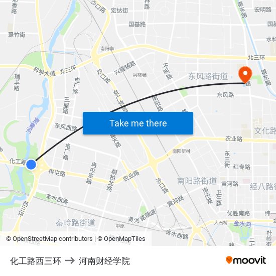 化工路西三环 to 河南财经学院 map