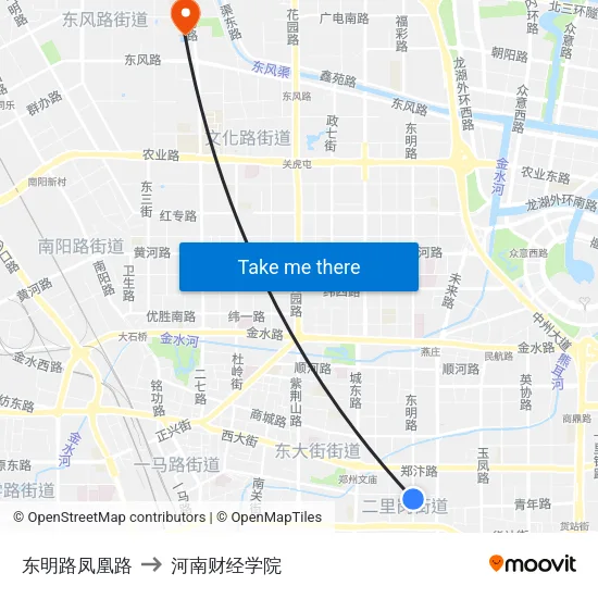 东明路凤凰路 to 河南财经学院 map