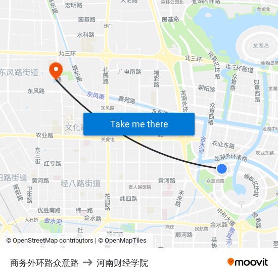 商务外环路众意路 to 河南财经学院 map