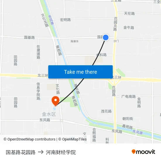 国基路花园路 to 河南财经学院 map