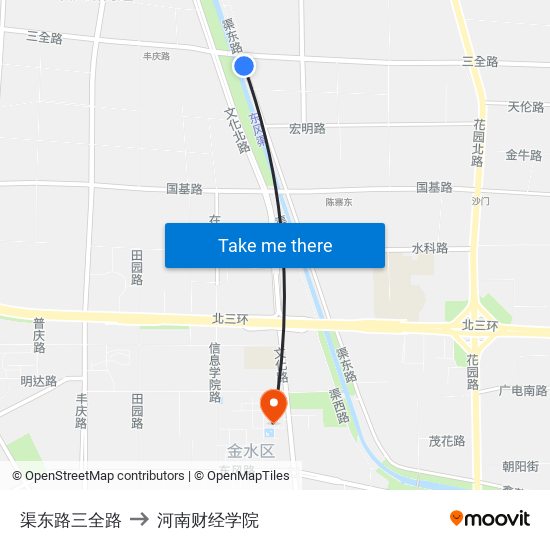 渠东路三全路 to 河南财经学院 map