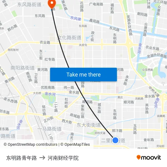东明路青年路 to 河南财经学院 map