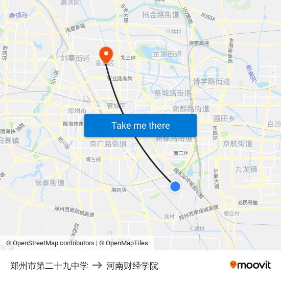 郑州市第二十九中学 to 河南财经学院 map