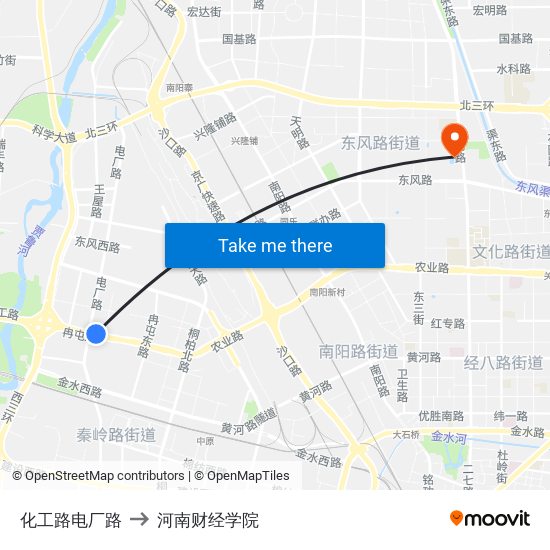 化工路电厂路 to 河南财经学院 map