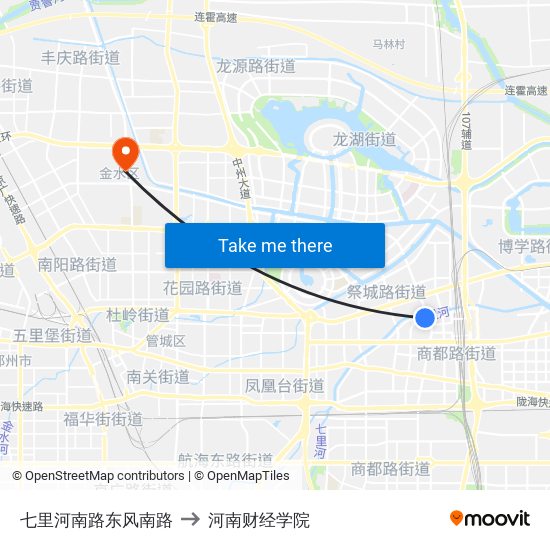 七里河南路东风南路 to 河南财经学院 map