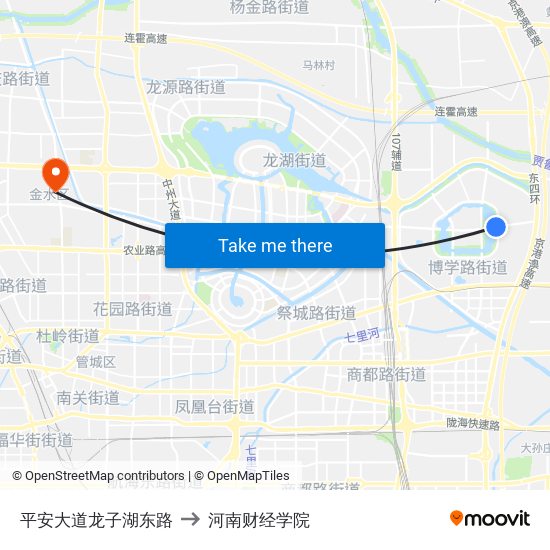 平安大道龙子湖东路 to 河南财经学院 map