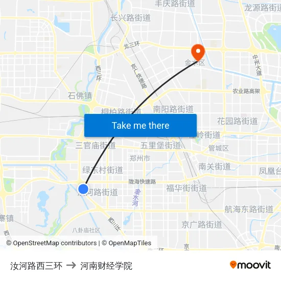汝河路西三环 to 河南财经学院 map