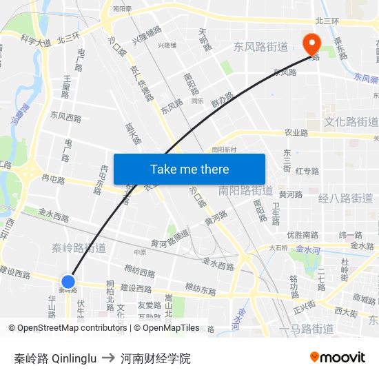 秦岭路 Qinlinglu to 河南财经学院 map