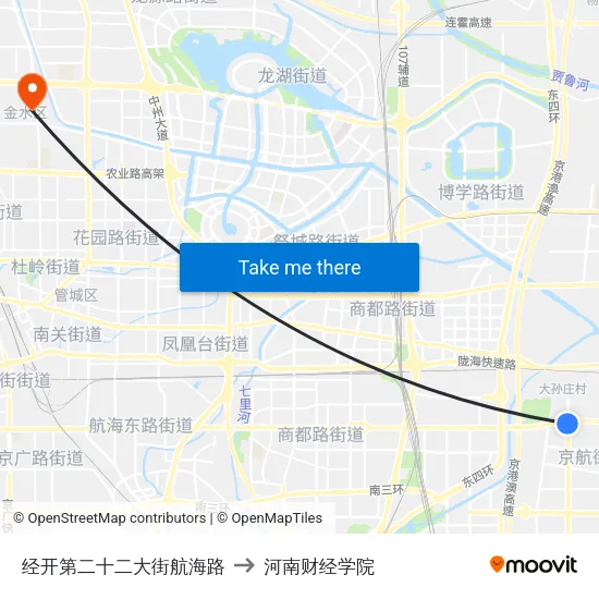 经开第二十二大街航海路 to 河南财经学院 map