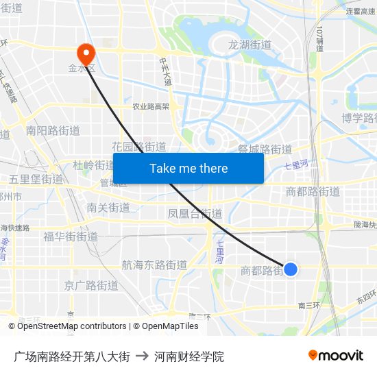 广场南路经开第八大街 to 河南财经学院 map