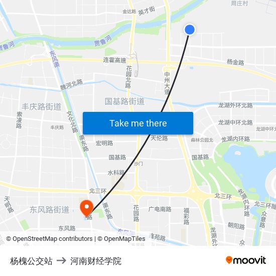 杨槐公交站 to 河南财经学院 map