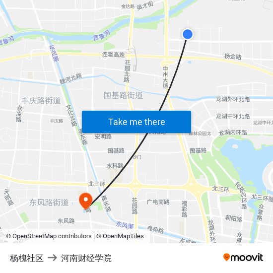 杨槐社区 to 河南财经学院 map