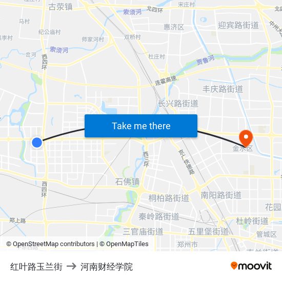 红叶路玉兰街 to 河南财经学院 map