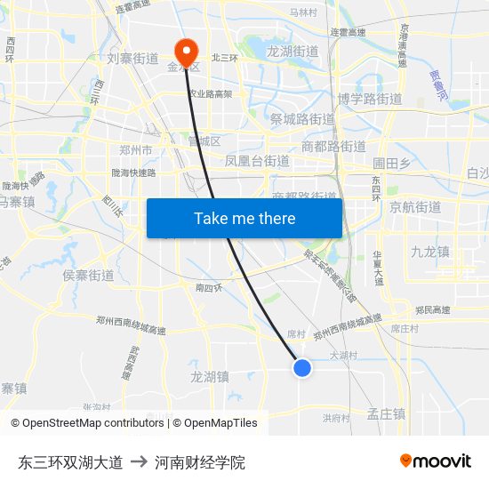 东三环双湖大道 to 河南财经学院 map