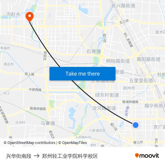 兴华街南段 to 郑州轻工业学院科学校区 map