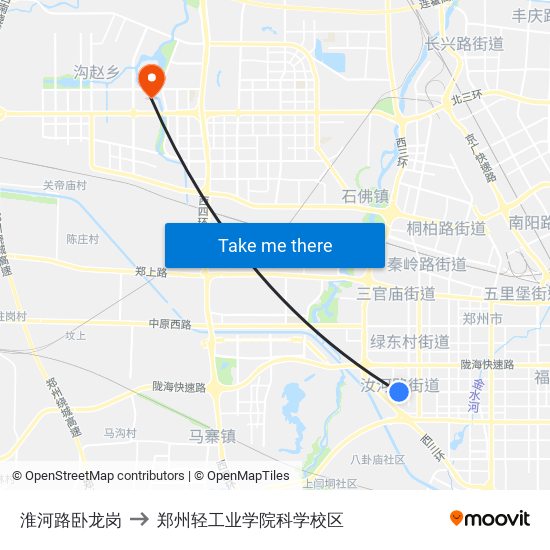 淮河路卧龙岗 to 郑州轻工业学院科学校区 map