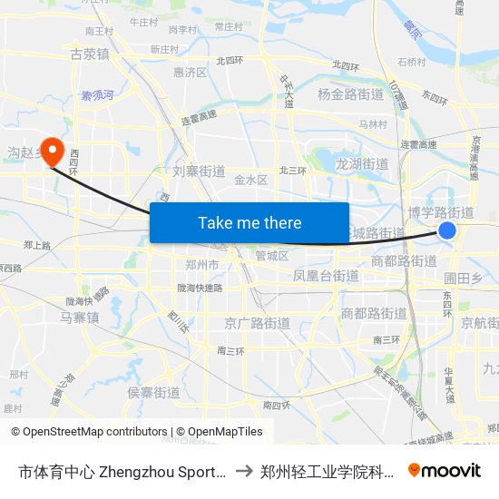 市体育中心 Zhengzhou Sports Center to 郑州轻工业学院科学校区 map