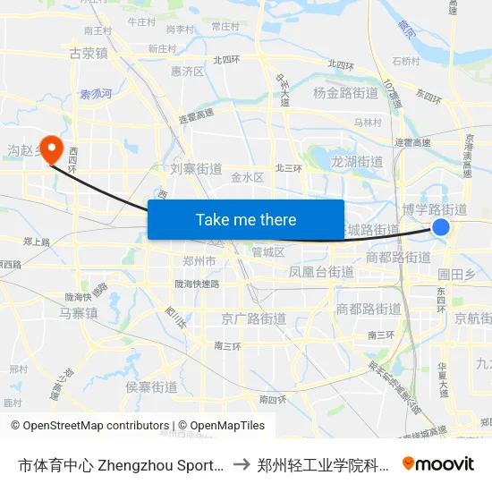 市体育中心 Zhengzhou Sports Center to 郑州轻工业学院科学校区 map