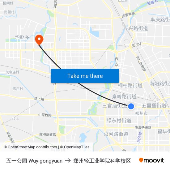 五一公园 Wuyigongyuan to 郑州轻工业学院科学校区 map