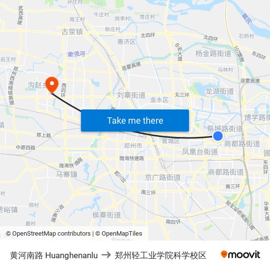 黄河南路 Huanghenanlu to 郑州轻工业学院科学校区 map