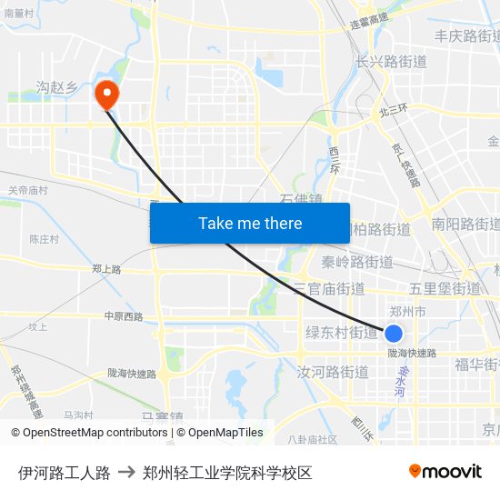 伊河路工人路 to 郑州轻工业学院科学校区 map