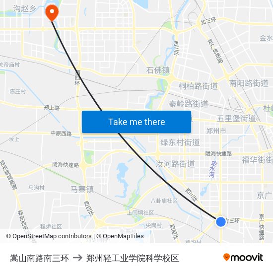 嵩山南路南三环 to 郑州轻工业学院科学校区 map